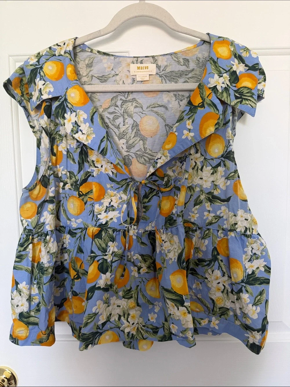 Anthropologie Maeve Blue Lemon Print Sleeveless Babydoll Ruffle Tie Blouse - Picture 1 of 6